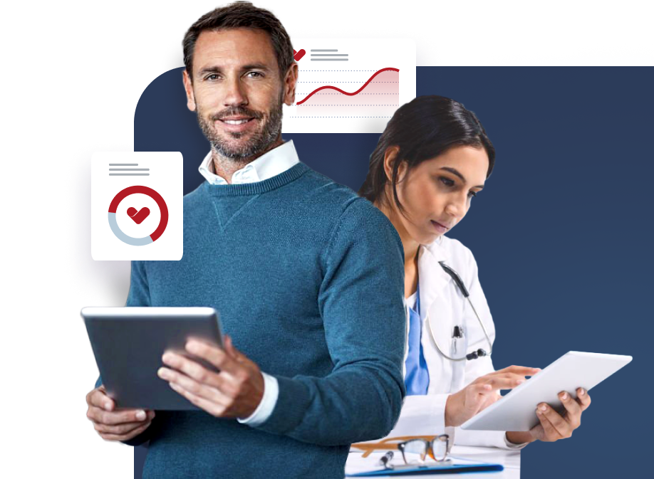 A smiling man in a blue sweater holding a tablet, standing next to a female doctor using a digital tablet